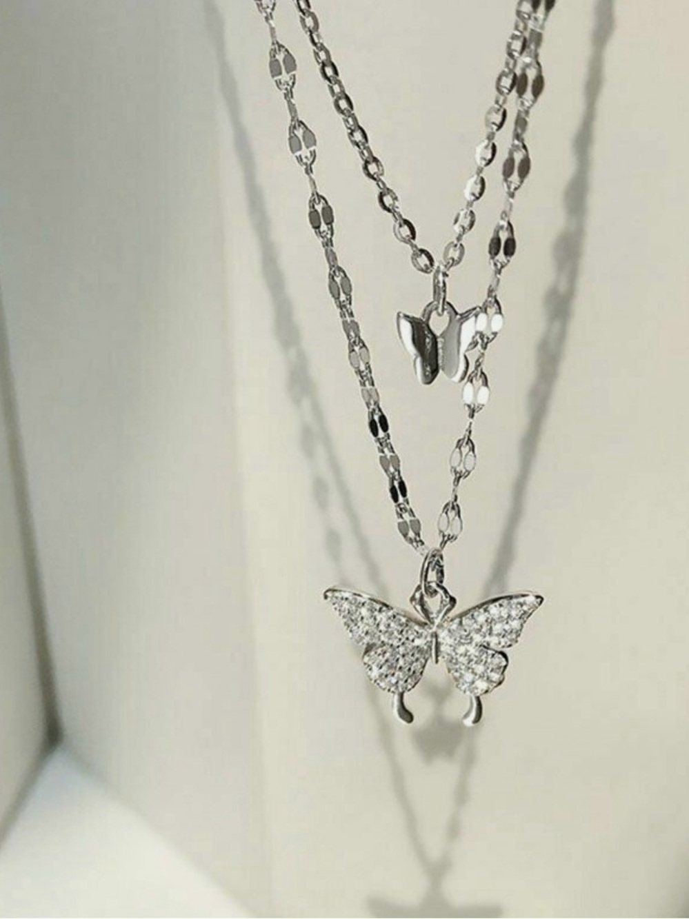 925 Silver Plated Double Butterfly Zircon Necklace Clavicle Jewelry Lab-Created